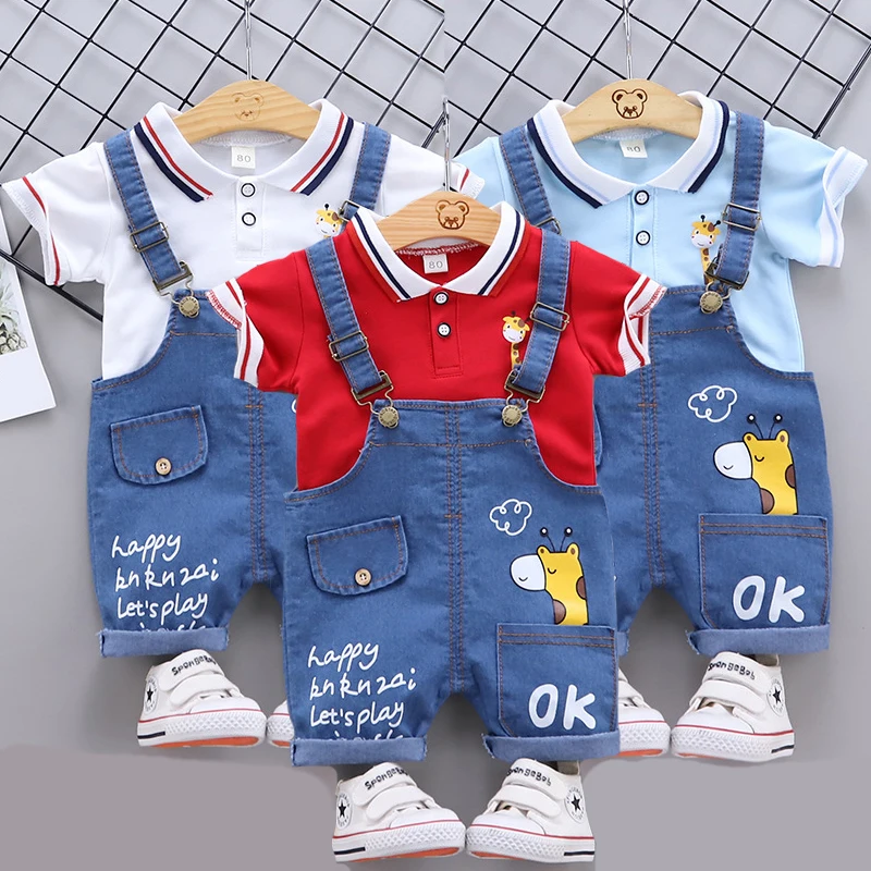 

1-4 Years Summer Boys Clothing Set Cartoon Giraffe T-shirt + Denim Suspenders 2Pcs Outfit For Kids Casual Child Kids Suit