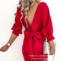 2022 spring and summer new womens backless solid color contrast color red sexy dress