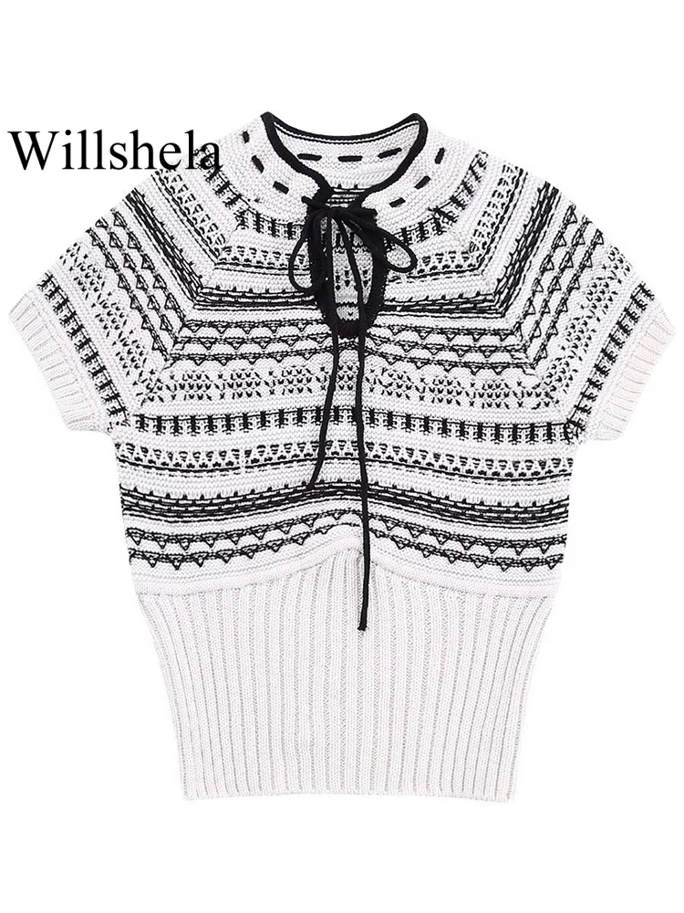 

Willshela Women Fashion Jacquard Printed Lace Up Knitted Sweater Vintage O-Neck Short Sleeves Female Chic Lady Tops