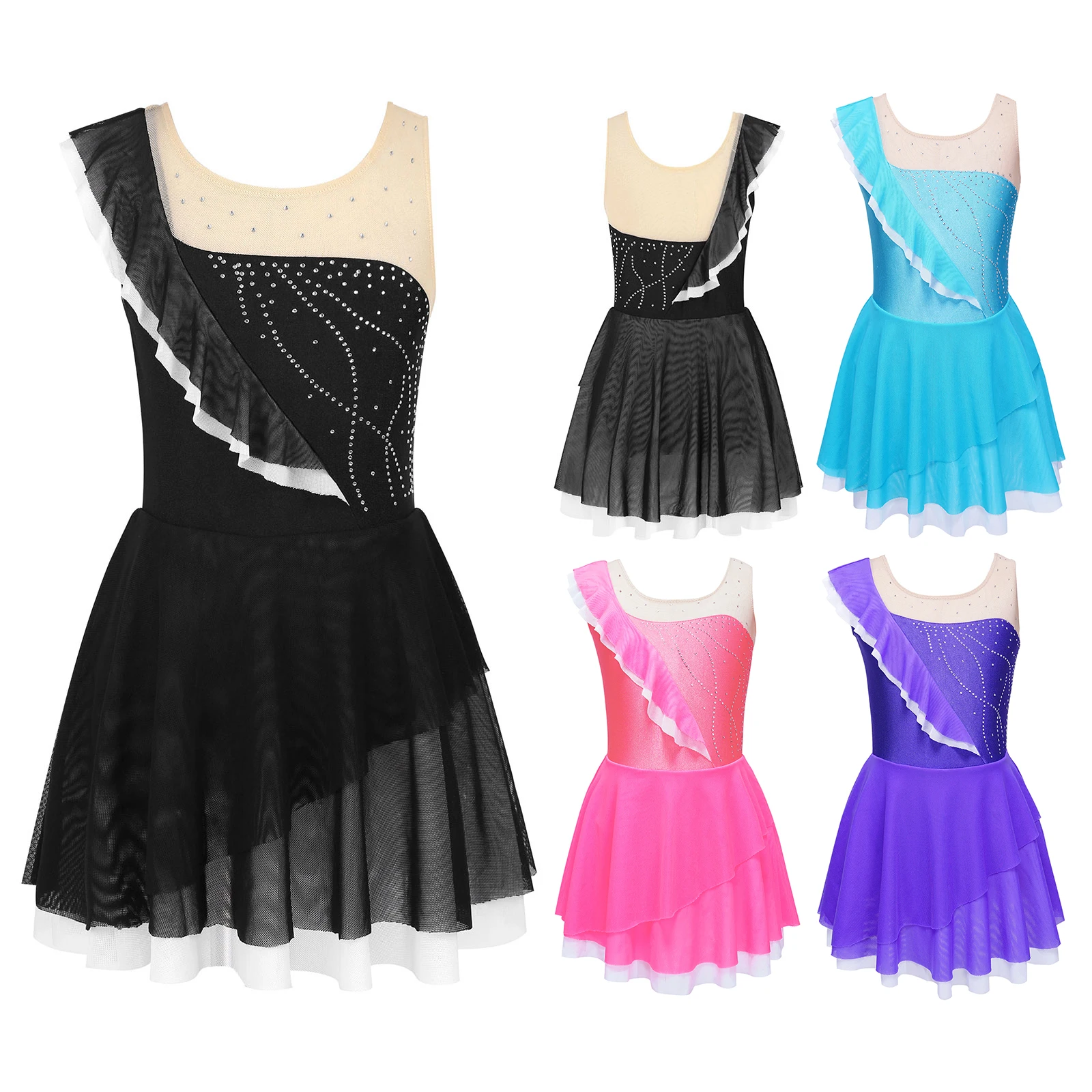 

Kids Shiny Rhinestone Mesh Splice Ballet Gymnastics Leotard Girls Figure Skating Dress Child Competition Lyrical Dance Costumes