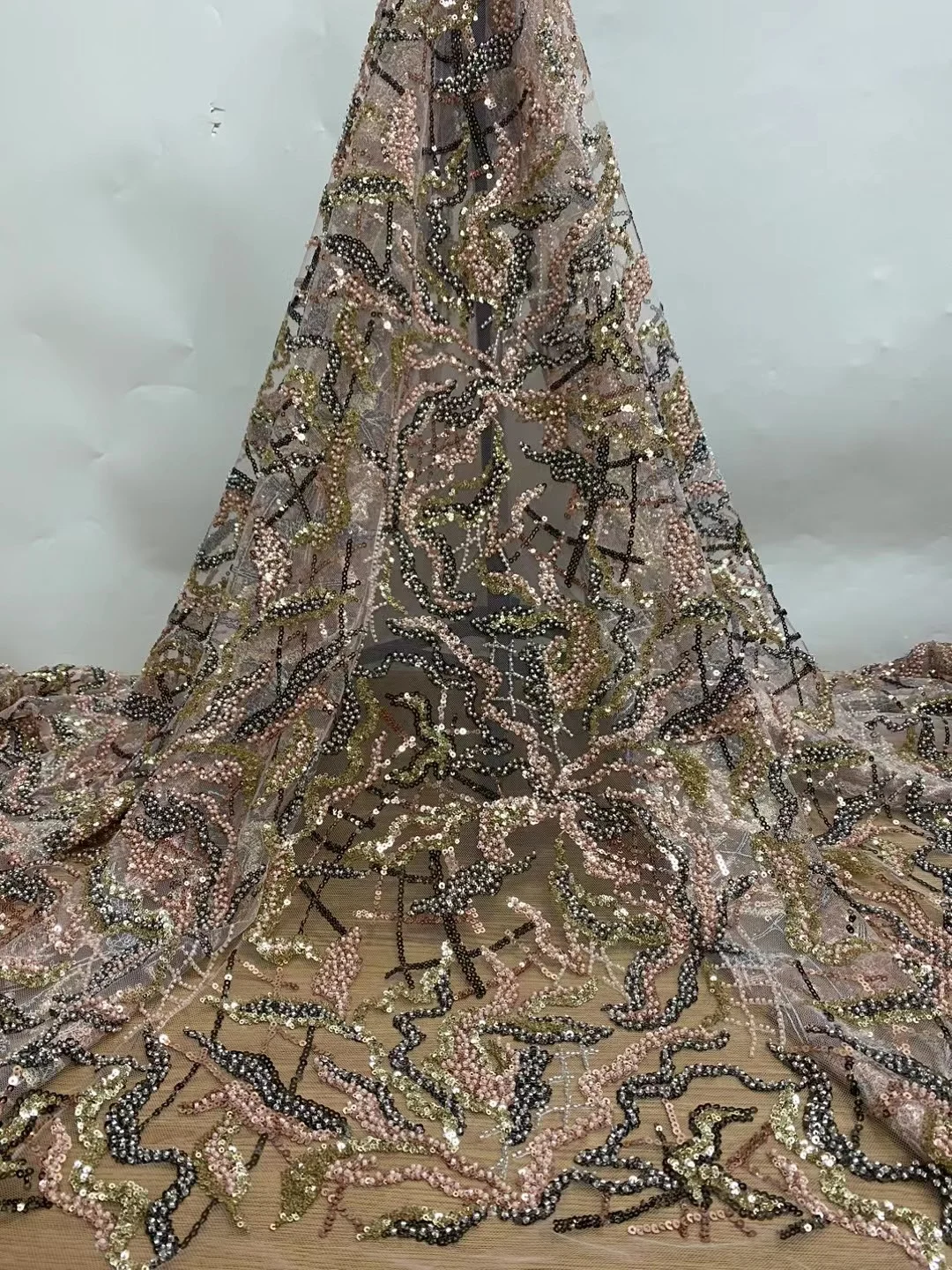 Модная нигерийская роскошная кружевная ткань с блестками 2023 африканская Тяжелая кружевная ткань ручной работы с бусинами сетчатая кружевная ткань для женского вечернего платья