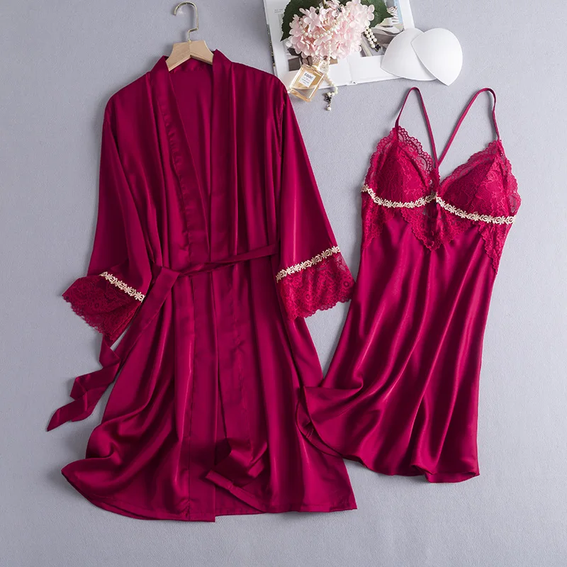 

Sexy Burgundy Wedding Twinset Robe Set Sleepwear Patchwork Lace Kimono Bathrobe Gown Casual Silk Rayon Home Dress Lounge Wear