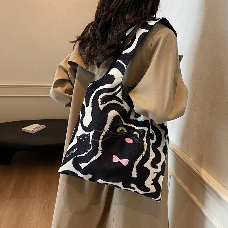 Холщовая Сумка для женщин вместительная Женская сумочка с рисунком черного кота