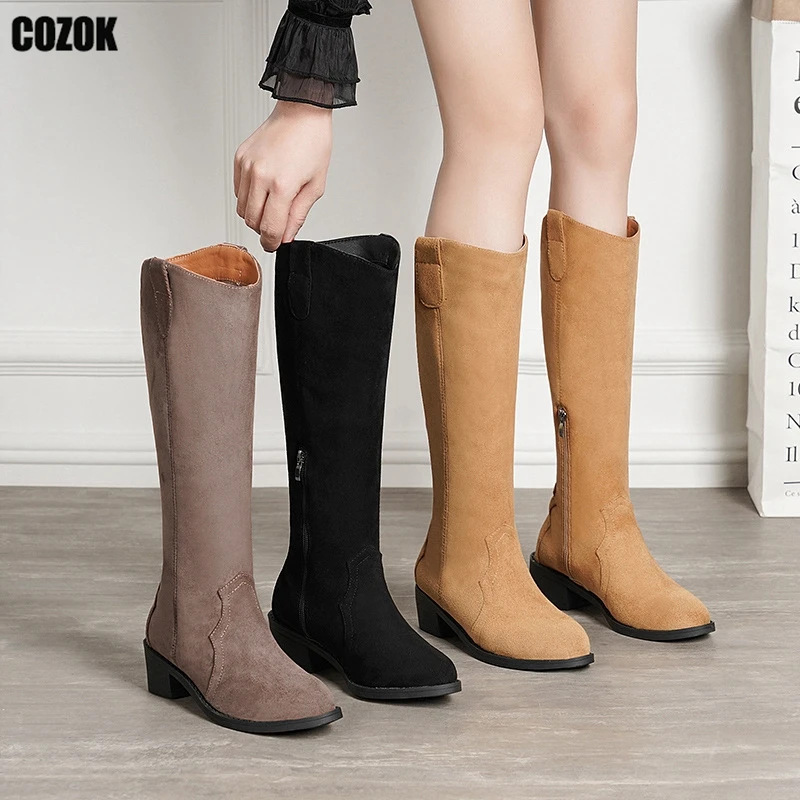 

Женские высокие ботинки до бедра 2022, однотонные зимние теплые удобные рыцарские ботинки с острым носком, на молнии, на плоской подошве, женс...