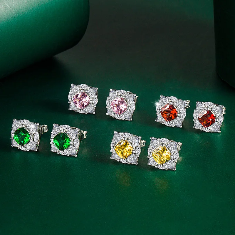 

New Moissanite Earrings Female Geometric Square Diamond Colorful Treasure Earrings Green Crystal Ruby High-end Earrings