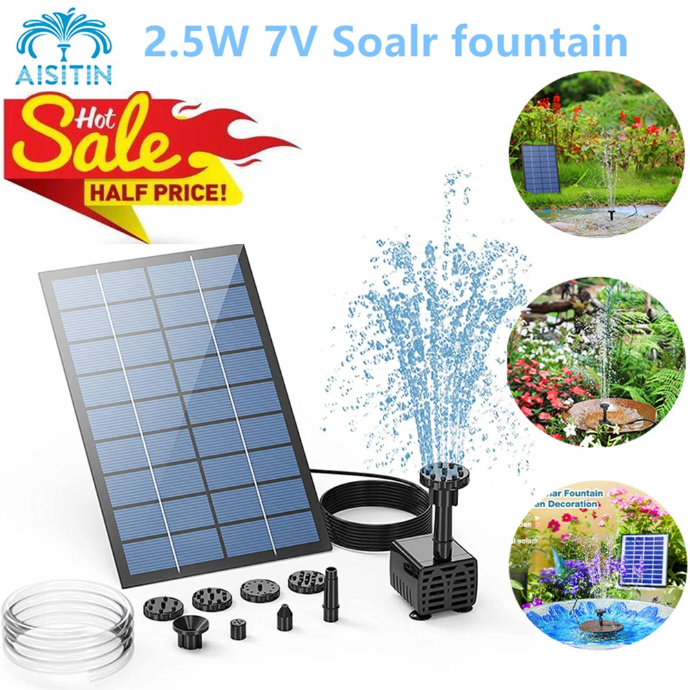 AISITIN 2.5W Solar Fountain Pump,with 6Nozzles and 4ft Water Pipe,Solar Powered Pump for Bird Bath,Pond,Garden and Other Places
