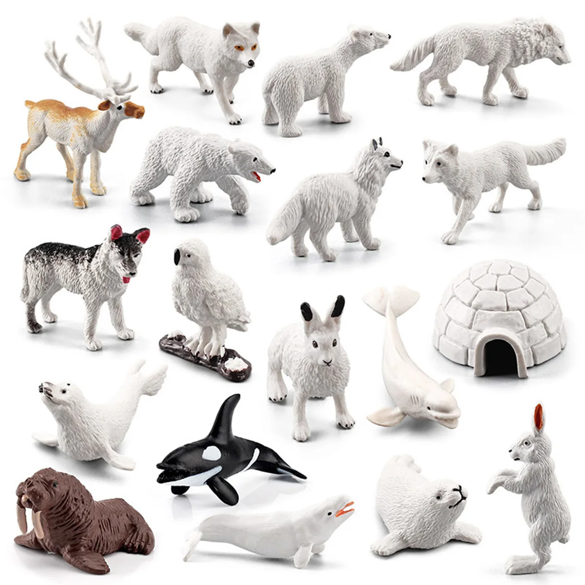 17Pcs Polar Animal Figurines with a Mini Igloo Model Simulation Mini Arctic Animals Toys Set Early Educational 3D Figurines Set