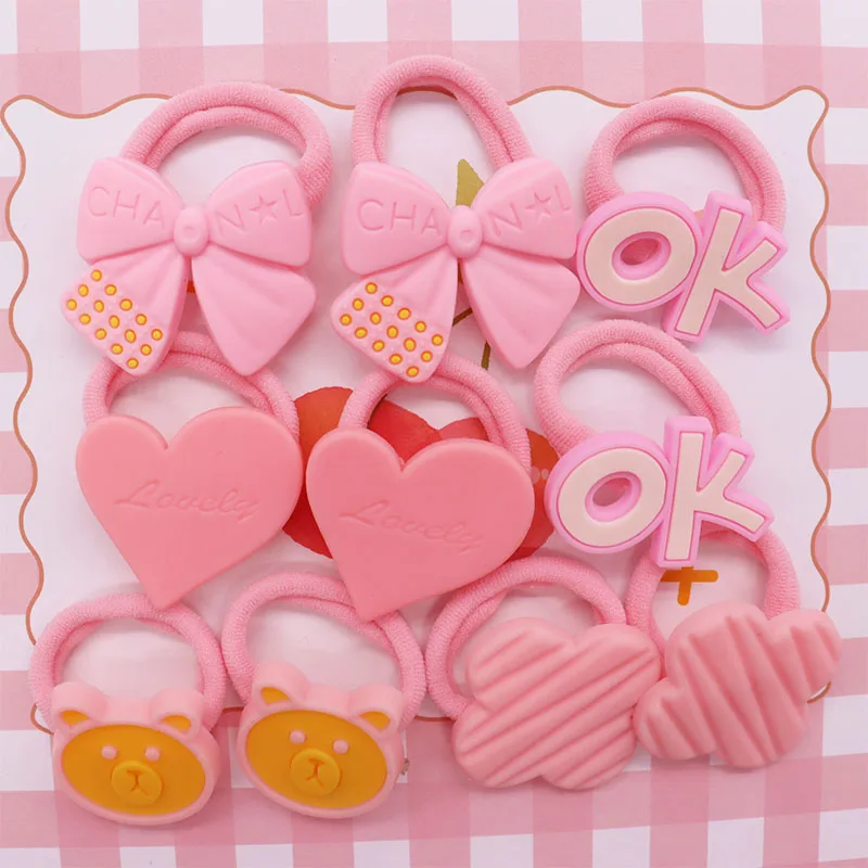 

2Pcs Love Bowknot Pink Bear Heart Rubber Bands Ponytail Holder Headband Hair Rope Girls Hair Accessories Decorations Ties Gift