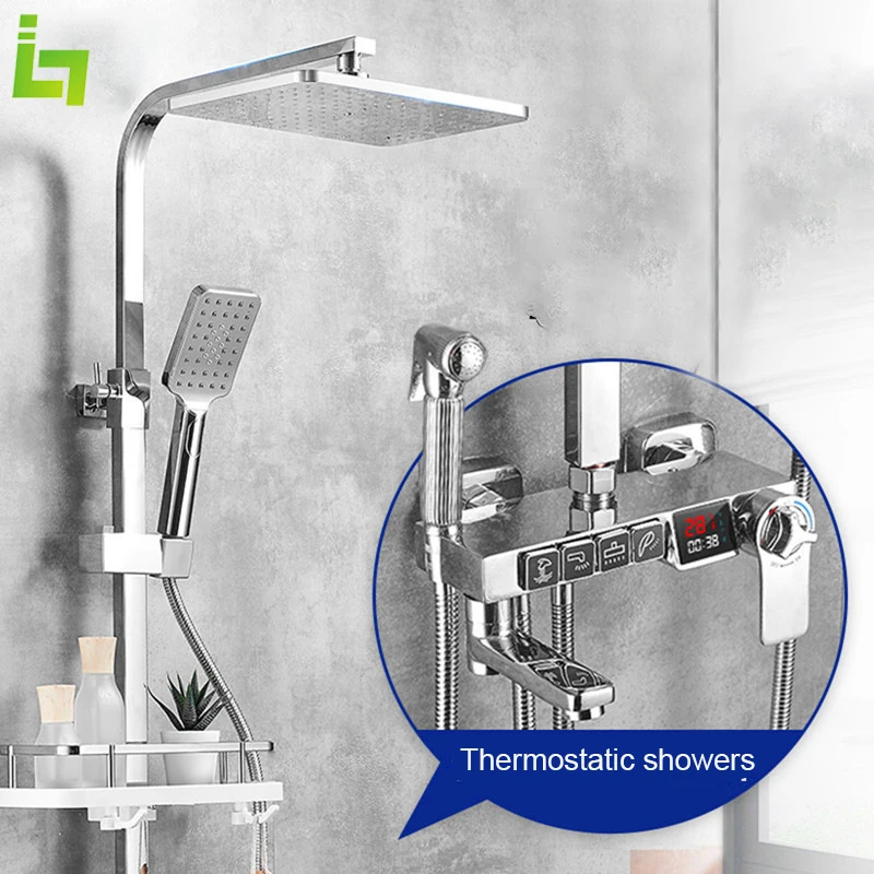 

Long Spout Display Thermostatic Black Shower Faucet Set Rainfall Bathtub Tap With Bathroom Shelf Water Flow Produces Electricity