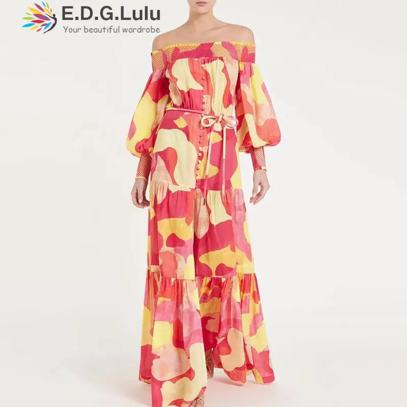 

EDGLuLu Beach Bohemia Off Shoulder Long Sleeves Yellow Tie-dye Print Dress Single-breasted Lace-up Elegant Long Dress 0918