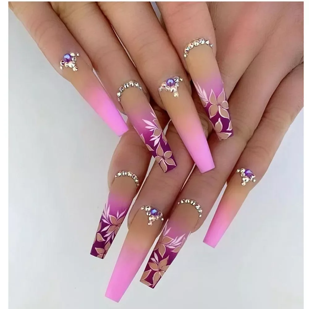 

NEW Extra Long Coffin False Nails yellow Flower designs Rhinestone Ballerina Fake Nails Full Cover Nail Tips Press On Nails