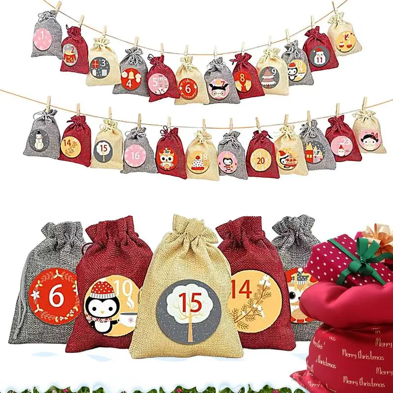 

Мешочки Из мешковины с обратным отсчетом и календарем, комплект сумок из мешковины с обратным отсчетом 24 дня, рождественские мешочки с обратным отсчётом для детей