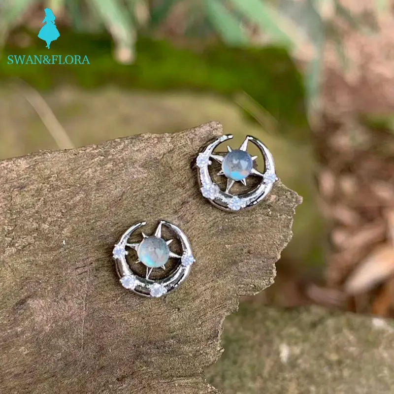 

100% Genuine Natural moonstone 925 Sterling Silver Stud Earrings for women Jewelry Gift