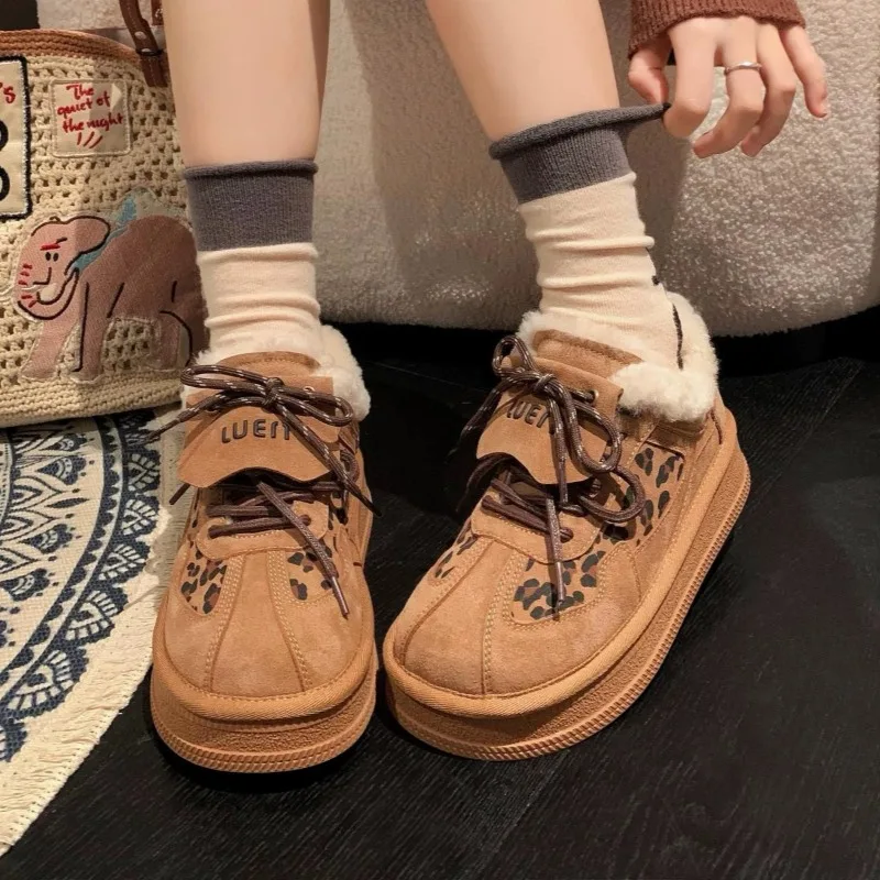 Женская замшевая обувь на платформе с леопардовым мехом плоской подошве теплая