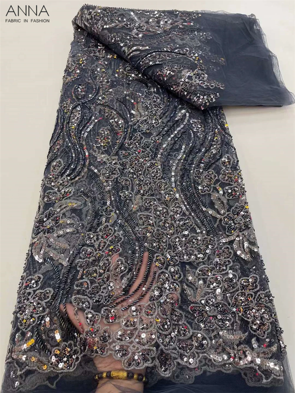 

Нигерийская французская кружевная ткань с блестками, ручная работа 2023, вышитая африканскими бусинами, сетчатая кружевная ткань для женског...