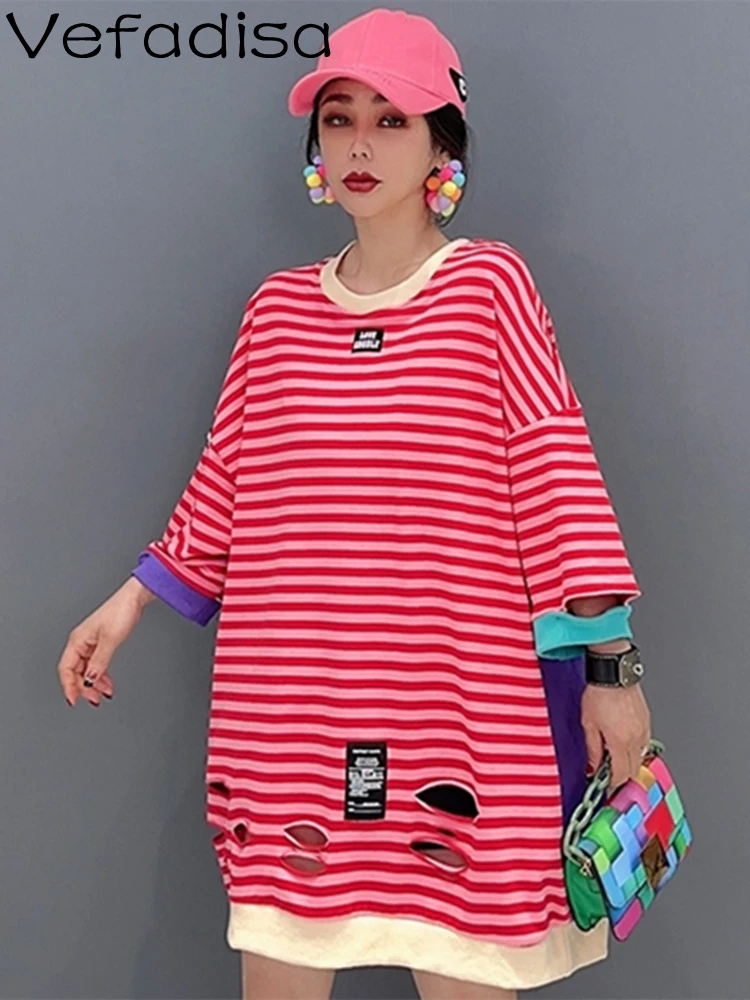 

Vefadisa 2023 Spring Summer FashionTrend Stripe Tees Single-piece Top Age Reducing Temperament Women Black And Red ZY045