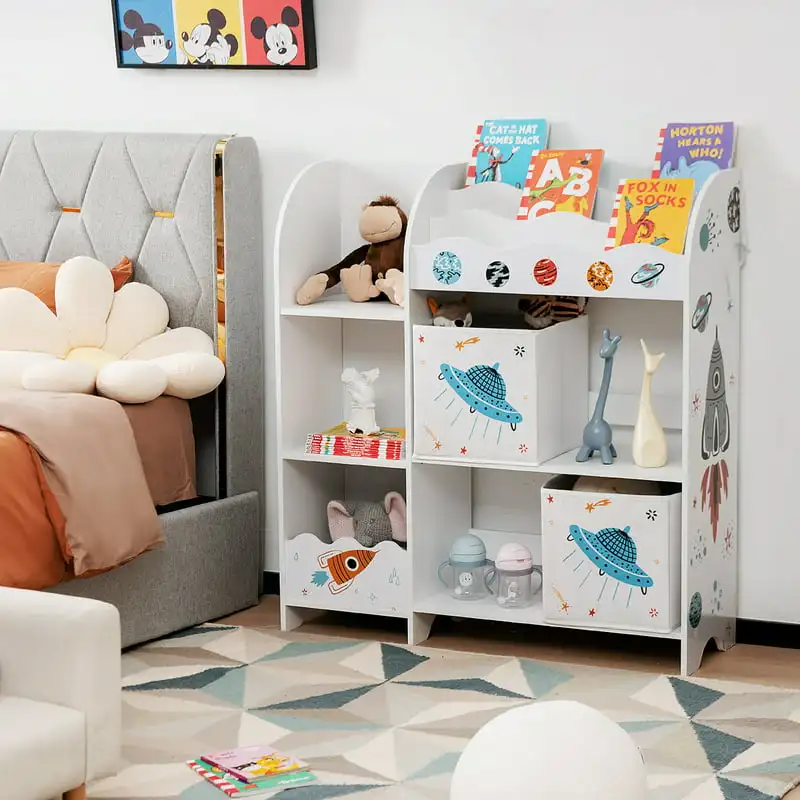 

High Quality Wooden Children Storage Cabinet with Storage Bins and Book Organizer for Toys and Books.