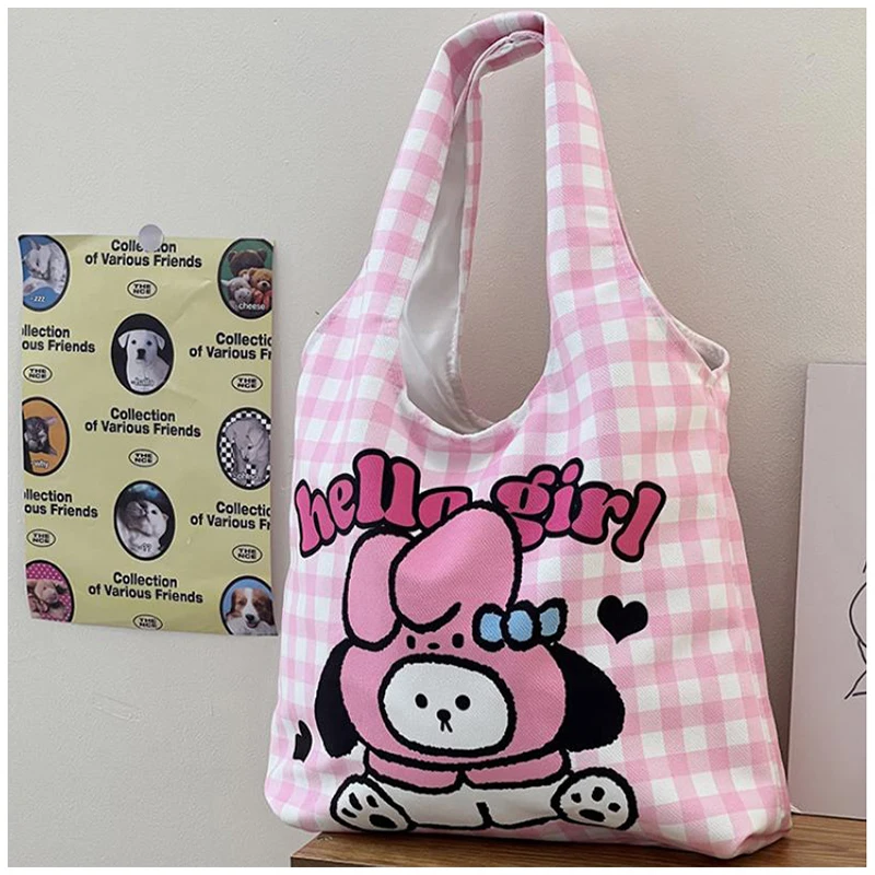 

Большая вместительная Холщовая Сумка через плечо с аниме Sanrios почточо, мультяшная милая розовая клетчатая сумка для девочек с принтом, портативная модная сумка-тоут, подарок