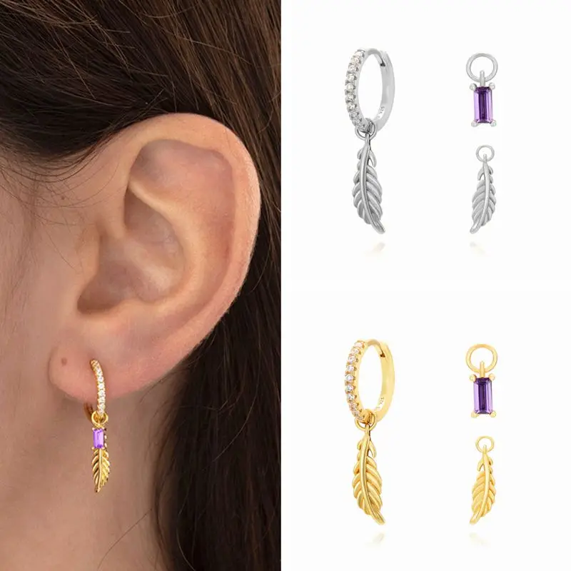 

Yuxintome 925 Sterling Silver Earrings High Quality Detachable Women's Earrings Fashion Feather Pendant Gold Hoop Earrings Gift