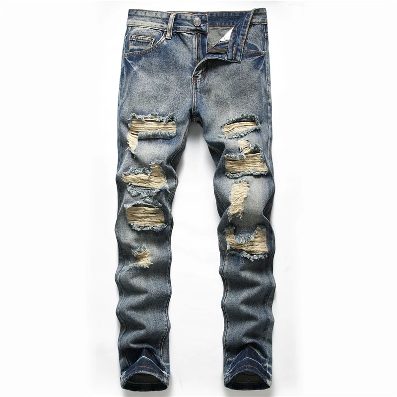 

Dropshipping Fashion Men Casual Ripped Hiphop Pants Straight Jean For Male Distressed Denim Trousers Personality Streetwear