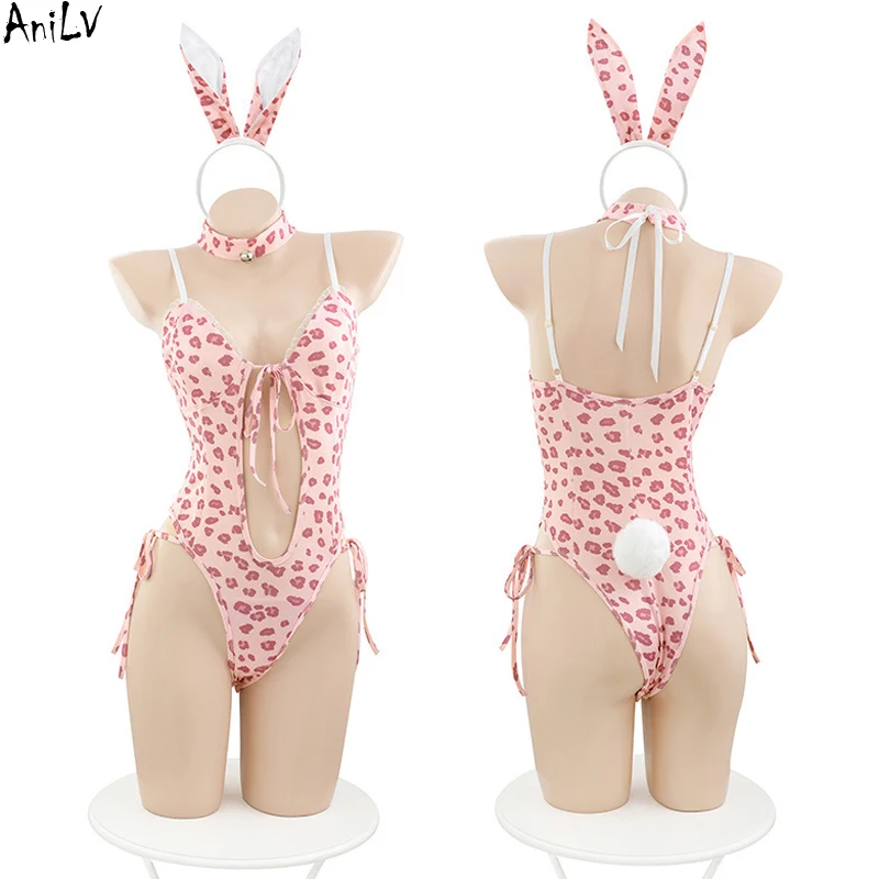 

Женский слитный купальник AniLV Bunny Girl, розовый Леопардовый купальник, Женское боди горничной, Пижамный костюм, костюмы