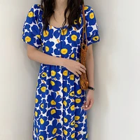 blue floral short sleeved long summer style dress fashion blouses 2022 cheap vintage clothes for women female clothing harajuku