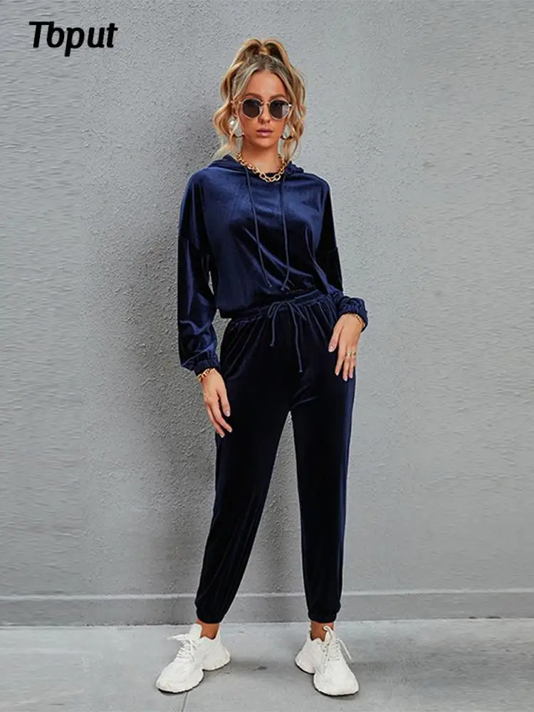 

Female Casual Fashion Velvet Tracksuit Women 2022 Elegant Autumn Winter Sets Hooded Long Sleeve Tops High Waist Pants Lady Suit