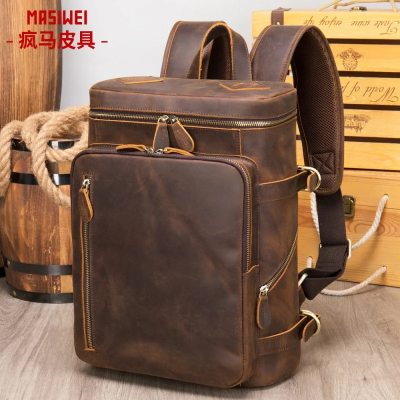 

Мужской кожаный рюкзак Crazy Horse, черный рюкзак из натуральной кожи в Корейском стиле, с отделением для ноутбука, 2021