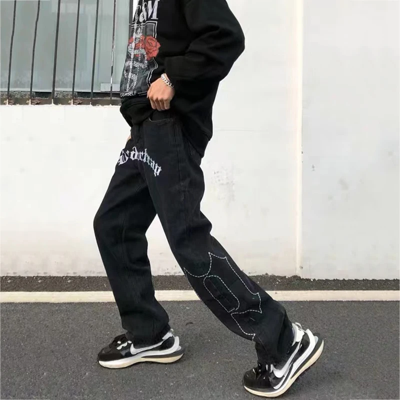 Y2K Men Jeans High Street Hip Hop Vibe Black Jeans Men and Women The Same Loose Embroidered Street Casual Pants Ins Tide Brand