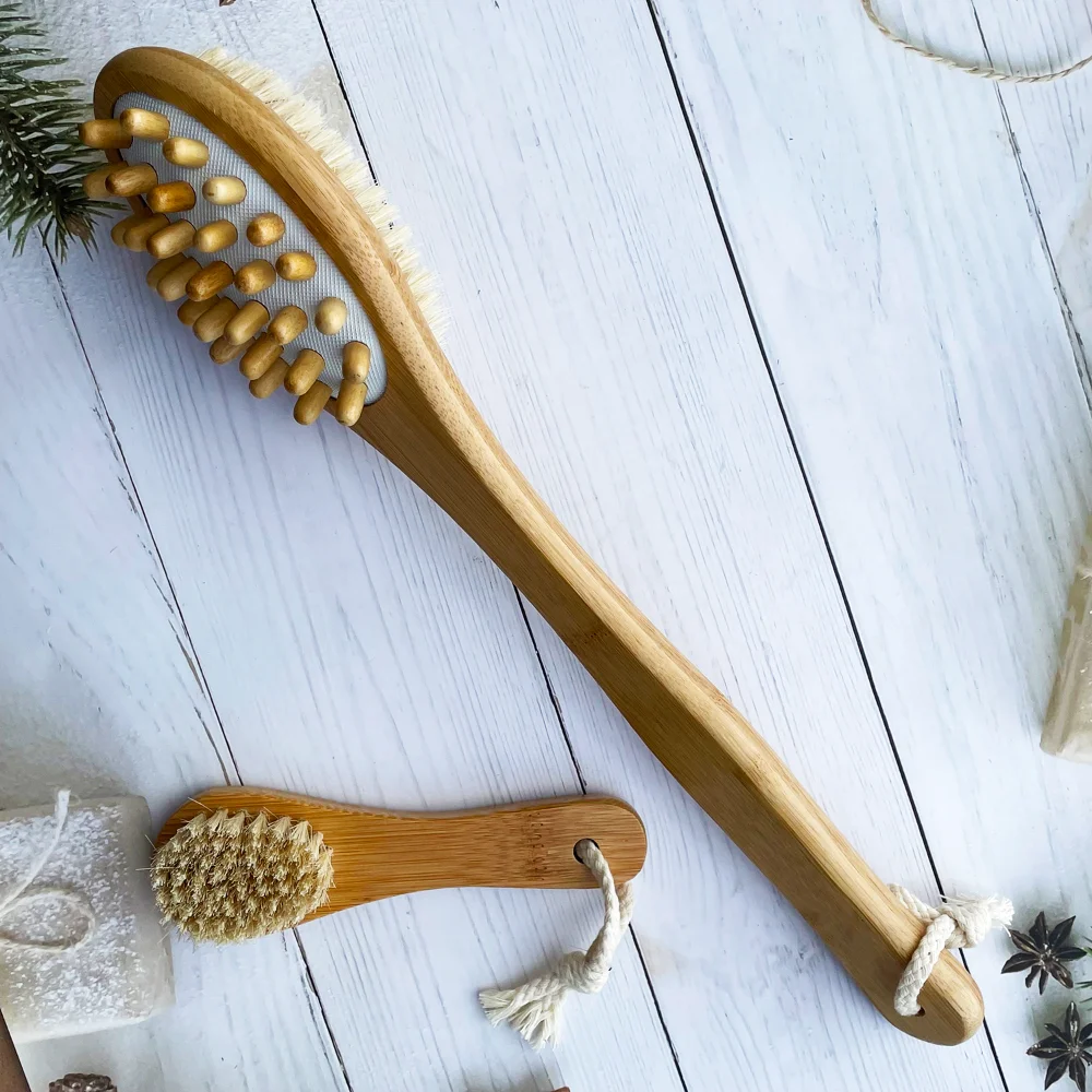 

2 в 1, Бамбуковая щетка для сухого массажа и отшелушивания