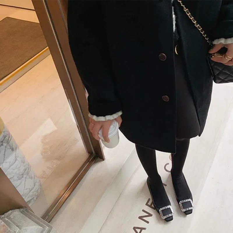 Black Rhinestone Flat Shoes Women Work Shoes Square Toe Square Buckle 3 Cm High Heels Women Designer Pumps Women Spring 2023 New