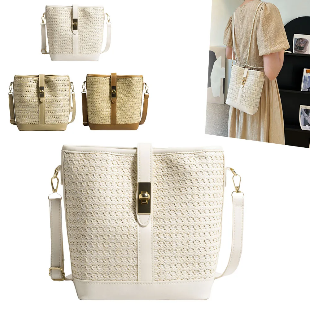 

Women Hand-Woven Straw PU Crossbody Bag Round Shoulder Bag Summer Beach Small Purse Handbag for Shopping Bucket Bag Summer 2023