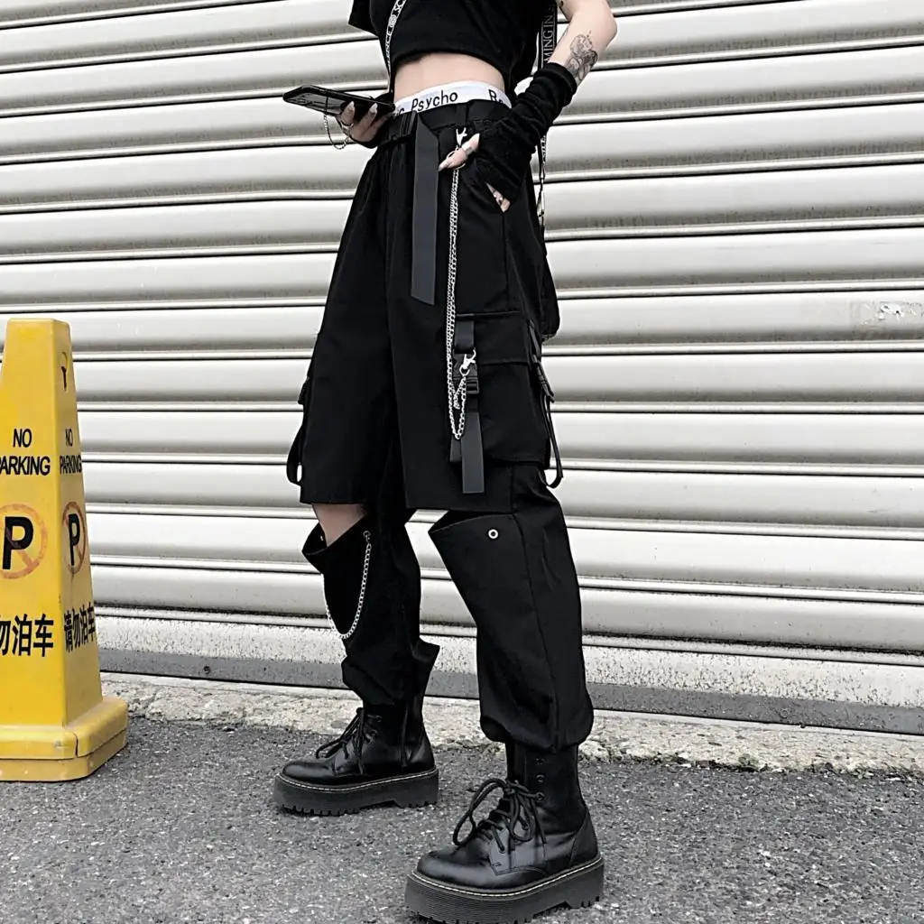 Black Cargo Pants Women Gothic Hollow Out Streetwear Harajuku Techwear Trousers Man Elastic Waist Patchwork Korean Pant images - 6
