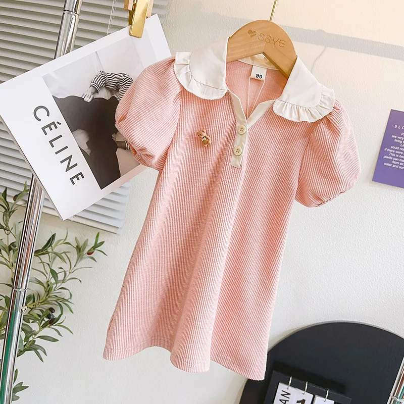 

Summer 2023 New Arrivals Girls Short Sleeve Turn-down Collar Pink Roupa Infantil Menina Cute Party Girls Dress Custume 2-6T