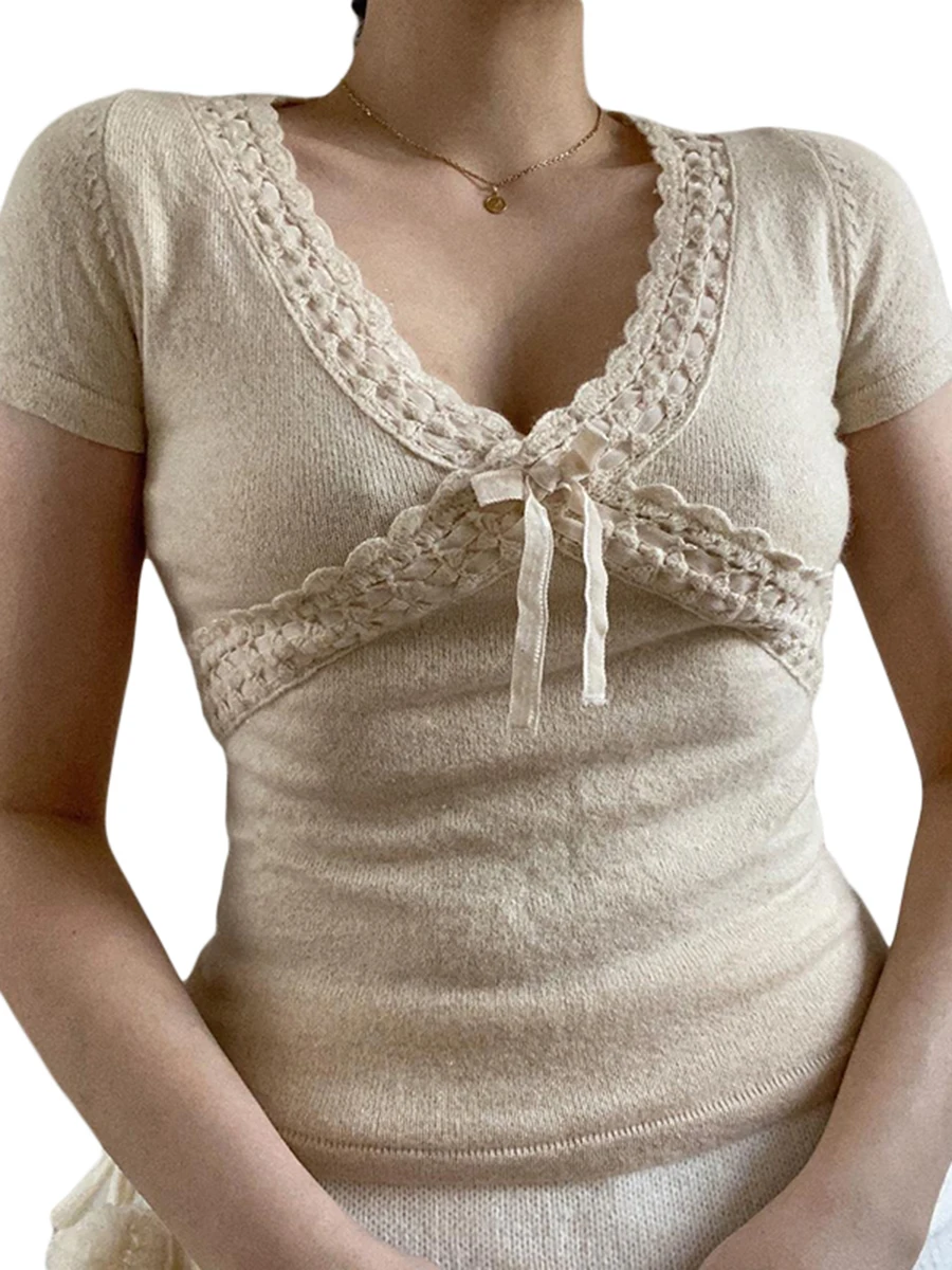 

Женский трикотажный топ с кружевной отделкой, бежевый однотонный пуловер с V-образным вырезом и коротким рукавом, Размеры S/M/L, на лето