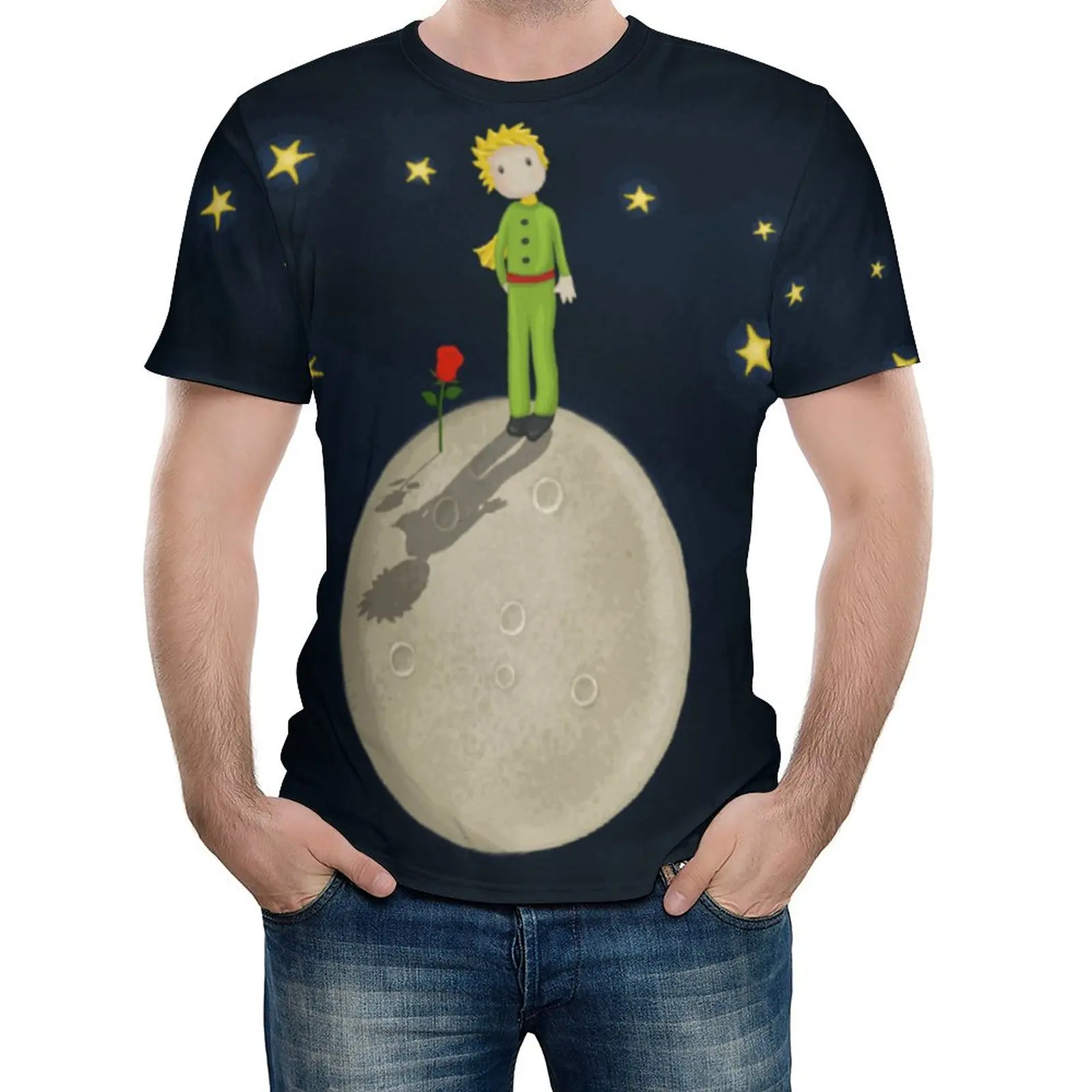 

Футболка «Маленький принц», классические футболки с принтом звезды и Луны, популярная футболка с вырезом лодочкой, летние мужские топы на з...