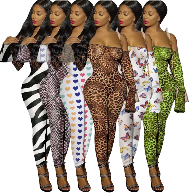 2022 Hot Style Tube Top Flared Sleeve Jumpsuit Women's Casual Leopard Print Zebra Print Sexy Plus Size Nightclub Outfit