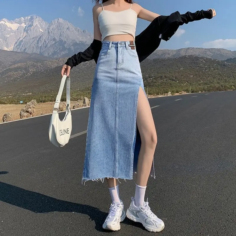 

Spring and summer women's denim skirt women's high waist A-line irregular long skirt women's Harajuku clothing 2022 preppy style