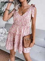 ouslee summer women chiffon dress vacation style casual bandage v neck floral beach dress 2022 new casual fashion party dresses