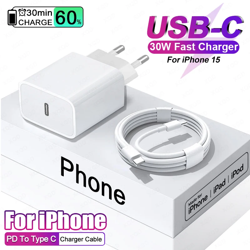 Зарядное устройство USB C PD 30 Вт USB-C Кабель для быстрой зарядки Apple iPhone 15 Pro Max Type Charge