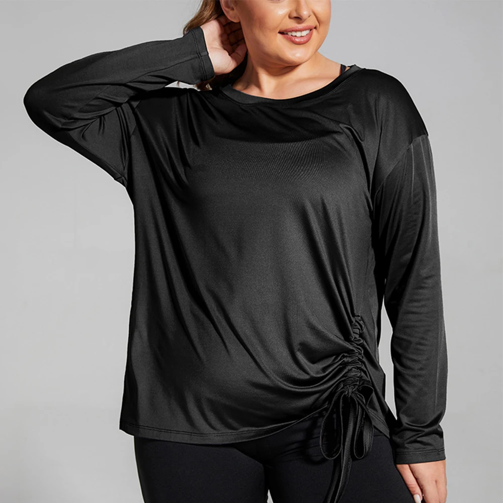 

Plus Size Women Loose Fitness T-Shirt Long-Sleeve Yoga Wear Quick Dry Yoga Wear Drawstring Sports Fitness Top