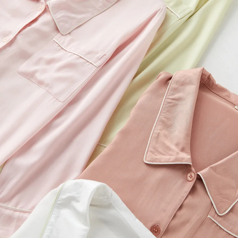 Simple Spring Summer Pajamas Tribute Satin Light Shirt Loungewear Pointed Collar Solid Color Medium-length Women Nightgown