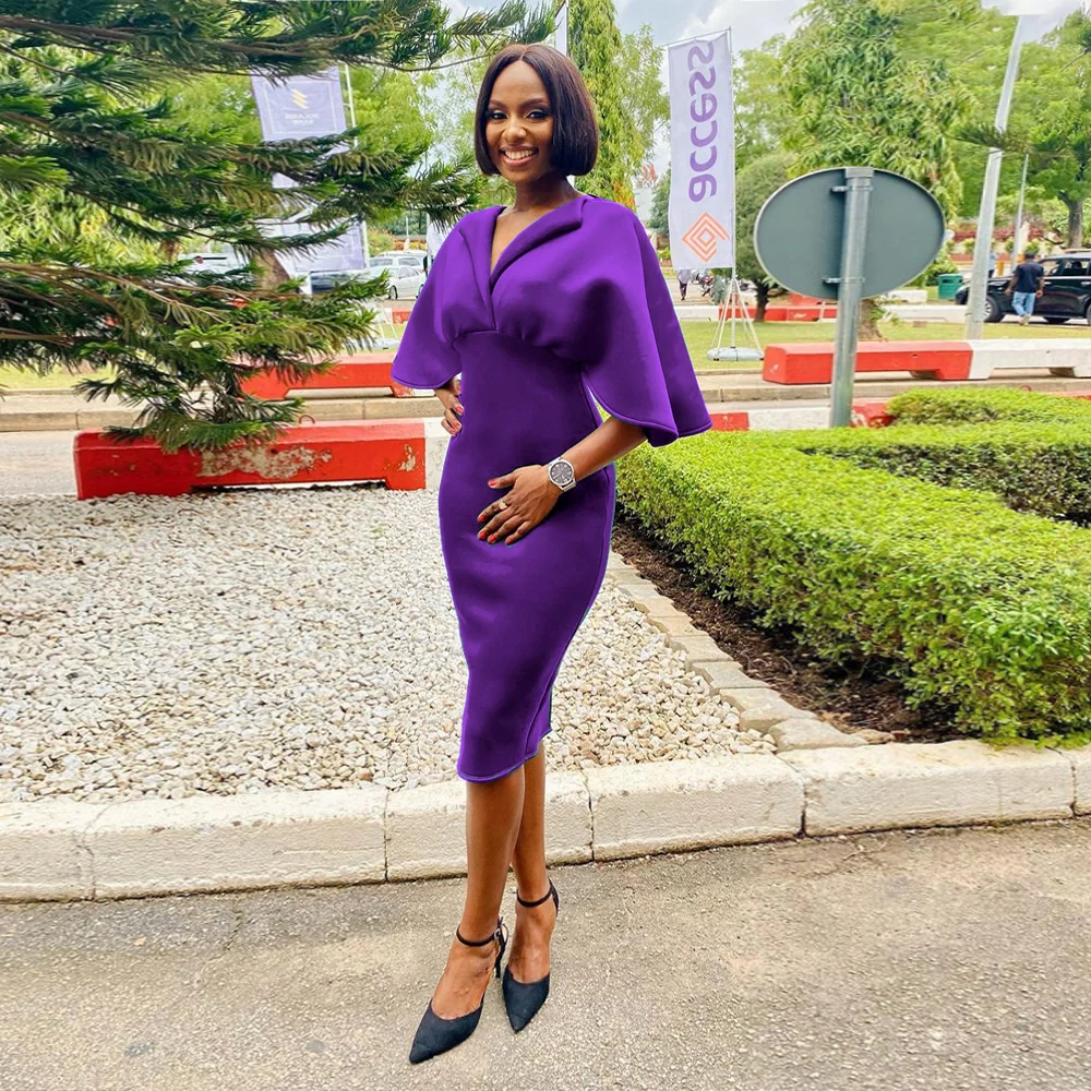 

Элегантное офисное платье для женщин, однотонное фиолетовое платье с коротким рукавом-накидкой и высокой талией, модное Деловое платье сре...