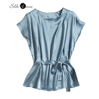 2022 fashion womens summer new slim fit t shirt 100natural mulberry silk satin bandage waist versatile top