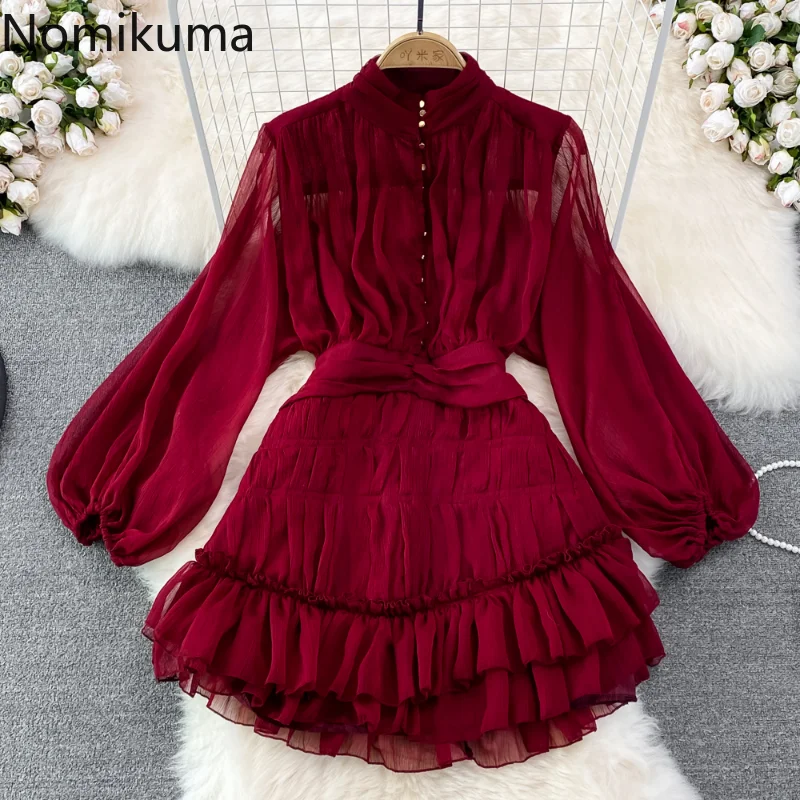 

Nomikuma Dresses for Women 2022 Spring Autumn Lantern Sleeve Pleated Ruffles Hem Vestido Feminino Vintage Elegant Robe Femme