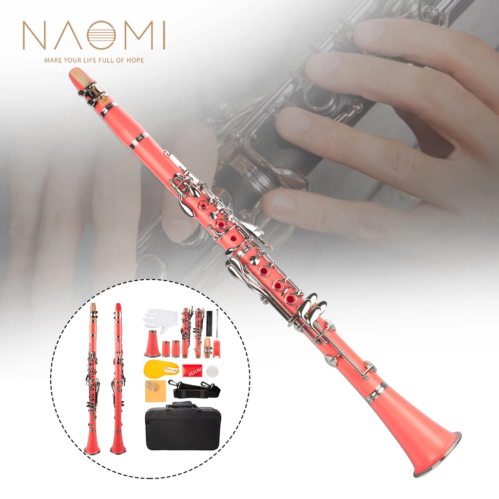 NAOMI Professional Bb Clarinet ABS 17-Key Cupronickel Plated Nickel Clarinet Kit W/ Clarinet+Reeds+Strap+Case+Components Pink enlarge