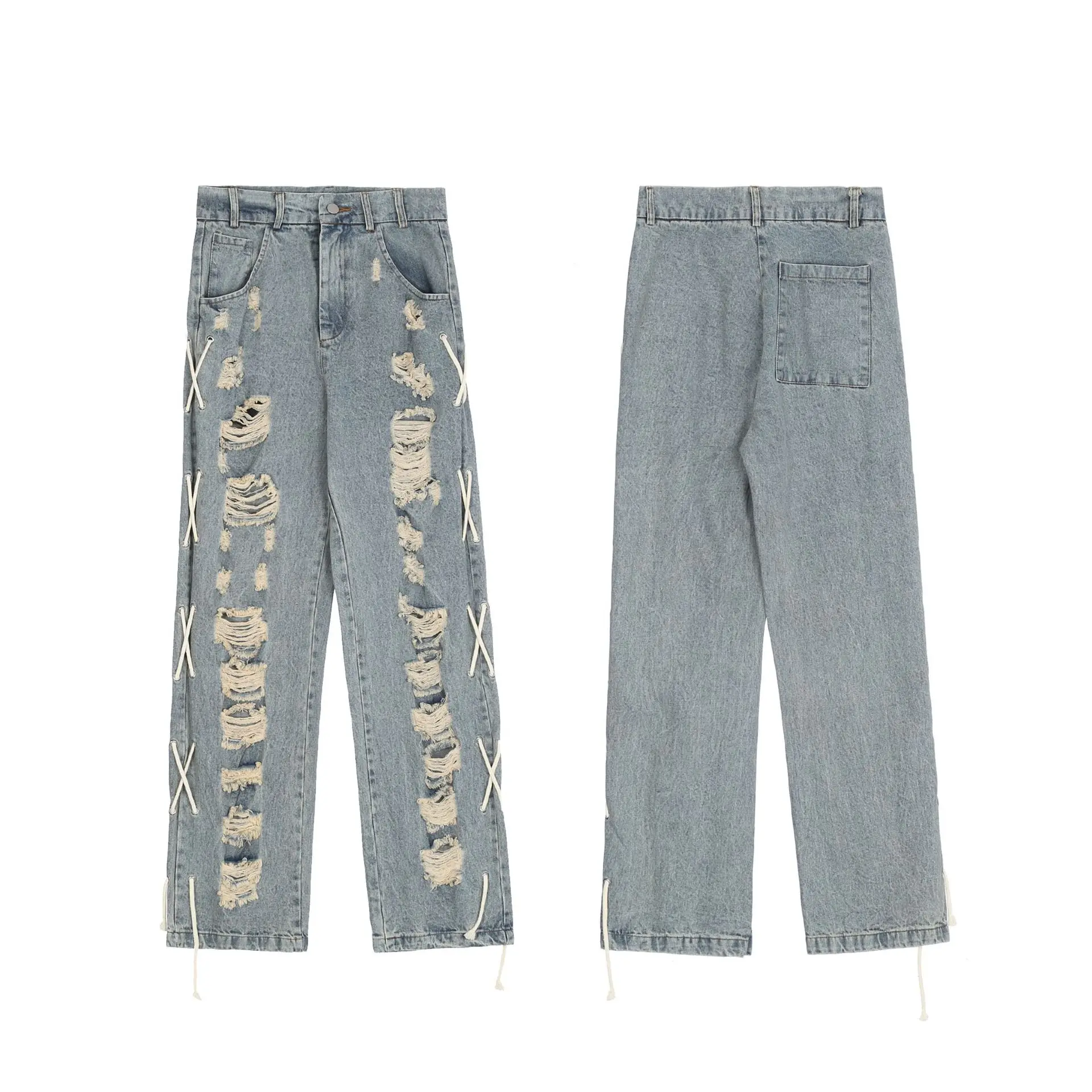 Four Seasons Men's Trousers High Street Trend Big Hole Side Tie Design Hip-Hop Jeans Men's and Women's Same Style Ins Hot Sale