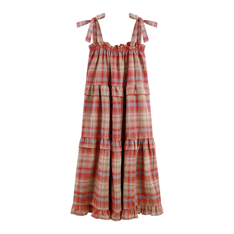 Женское винтажное платье в клетку Mori Girl красное повседневное свободное пляжное