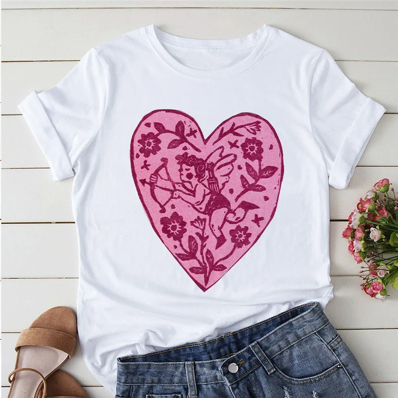 

Graphic Basic Tee shirt Women 2022 Harajuku Love Cupid Short Sleeve Loose Tshirt femme Print Vintage T Shirts for Lady Tops