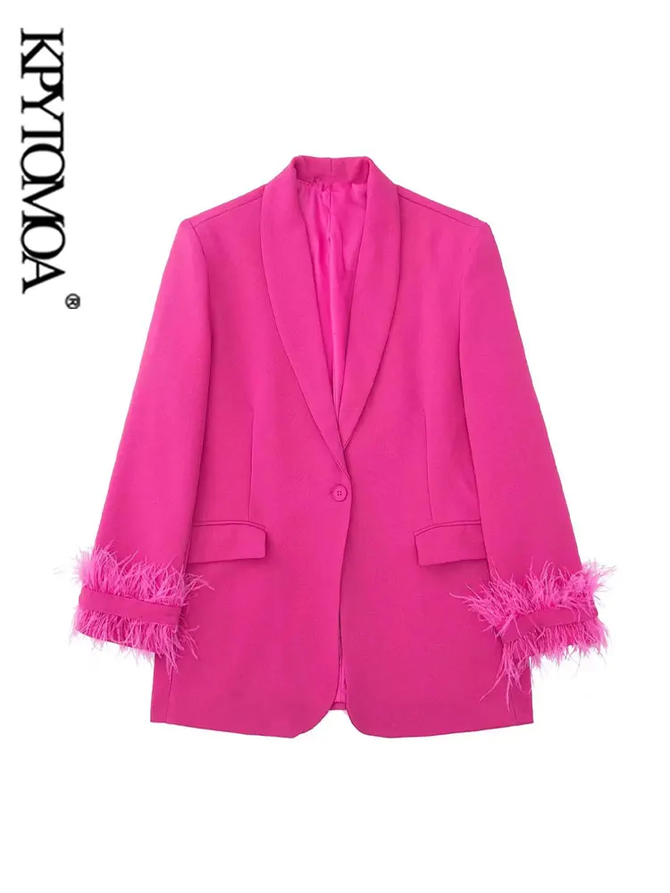 

KPYTOMOA Women Fashion With Feathers Straight Blazer Coat Vintage Long Sleeve Flap Pockets Female Outerwear Chic Veste Femme